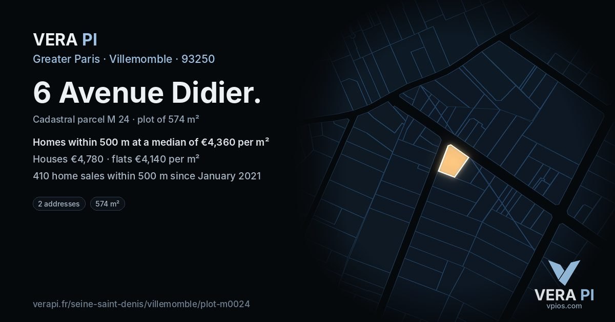 6 Avenue Didier, Villemomble at night – the plot lit, the parcels around coloured by the prices near them