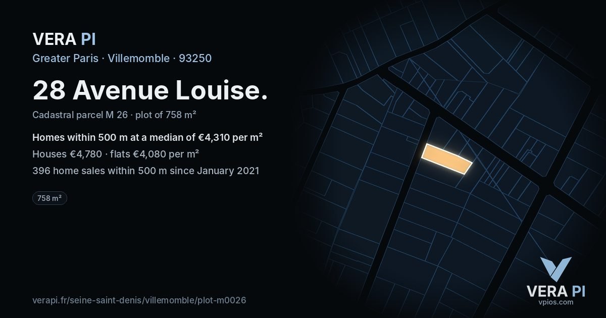 28 Avenue Louise, Villemomble at night – the plot lit, the parcels around coloured by the prices near them