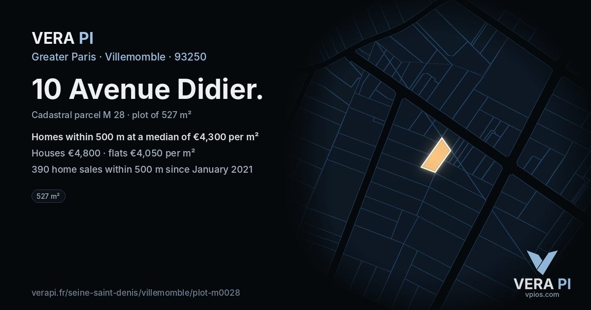 10 Avenue Didier, Villemomble at night – the plot lit, the parcels around coloured by the prices near them