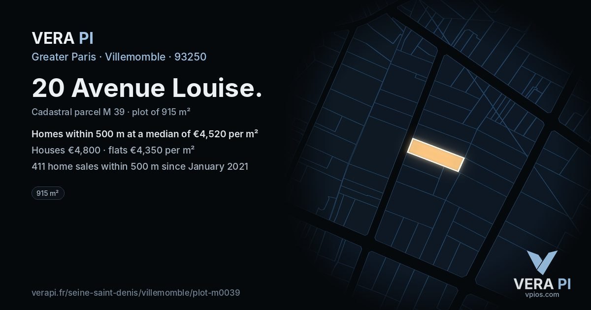 20 Avenue Louise, Villemomble at night – the plot lit, the parcels around coloured by the prices near them