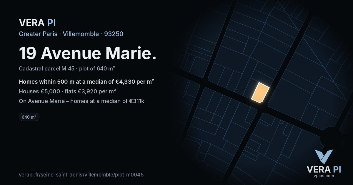 19 Avenue Marie, Villemomble at night – the plot lit, the parcels around coloured by the prices near them