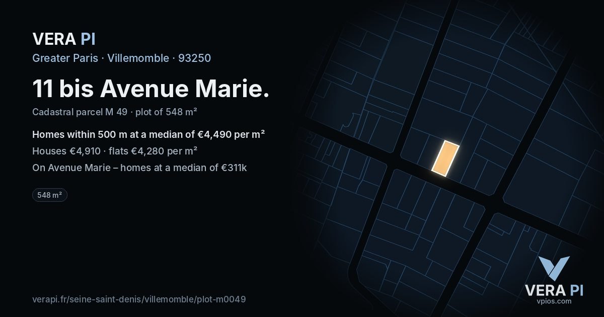 11 bis Avenue Marie, Villemomble at night – the plot lit, the parcels around coloured by the prices near them