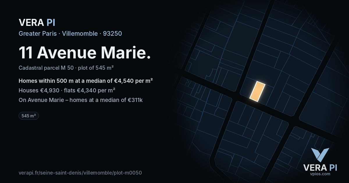 11 Avenue Marie, Villemomble at night – the plot lit, the parcels around coloured by the prices near them