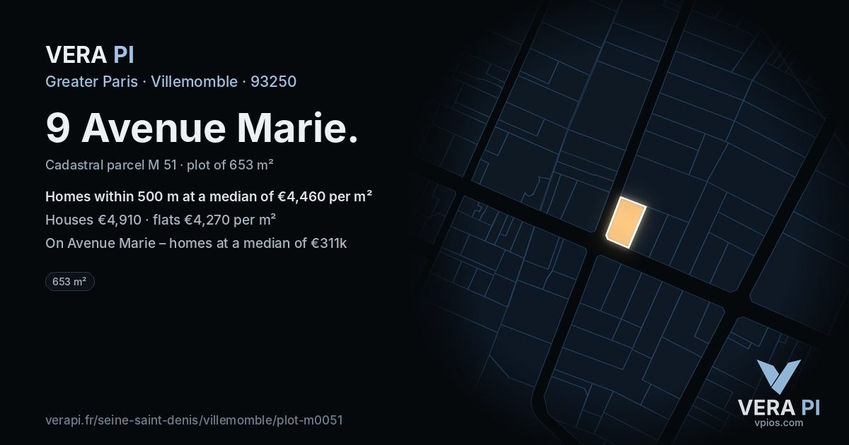 9 Avenue Marie, Villemomble at night – the plot lit, the parcels around coloured by the prices near them