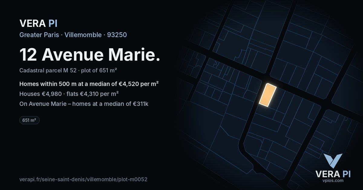 12 Avenue Marie, Villemomble at night – the plot lit, the parcels around coloured by the prices near them