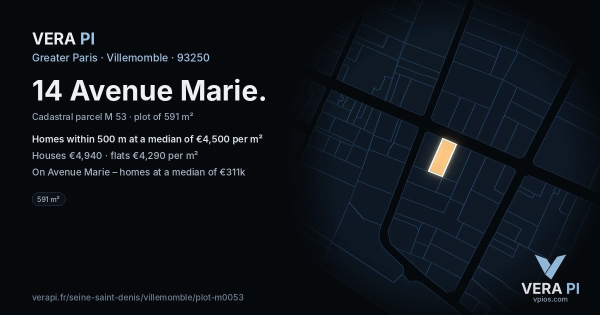 14 Avenue Marie, Villemomble at night – the plot lit, the parcels around coloured by the prices near them