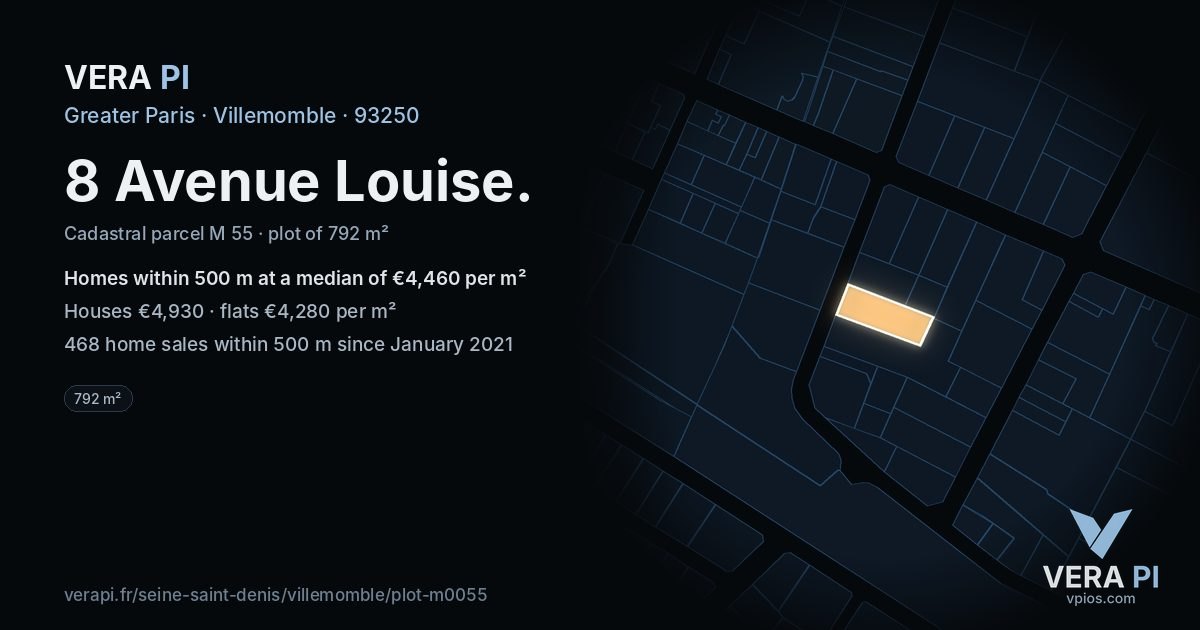 8 Avenue Louise, Villemomble at night – the plot lit, the parcels around coloured by the prices near them