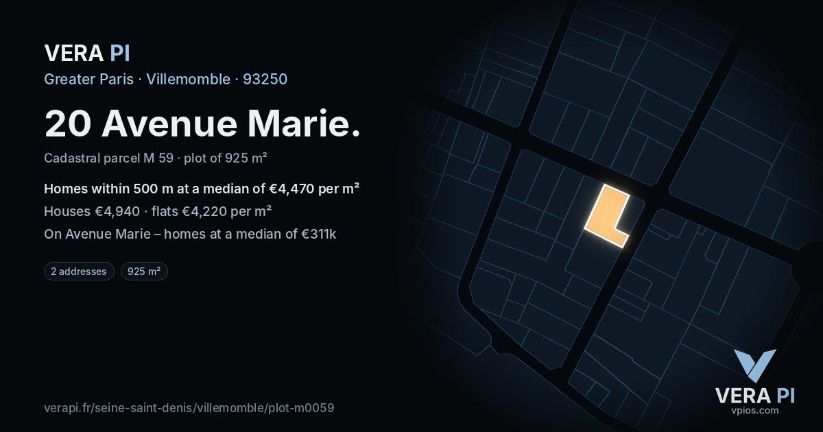 20 Avenue Marie, Villemomble at night – the plot lit, the parcels around coloured by the prices near them