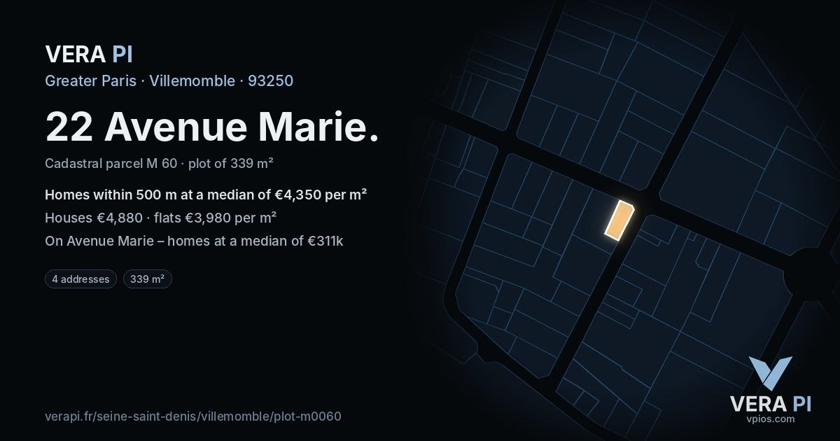22 Avenue Marie, Villemomble at night – the plot lit, the parcels around coloured by the prices near them