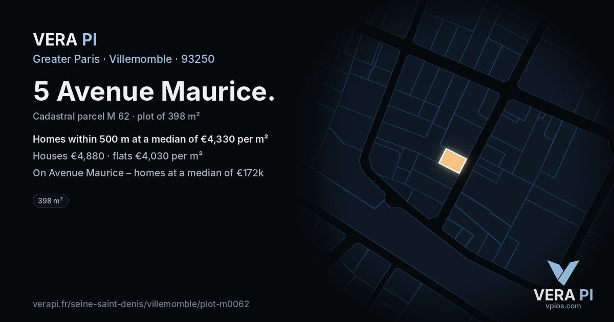 5 Avenue Maurice, Villemomble at night – the plot lit, the parcels around coloured by the prices near them