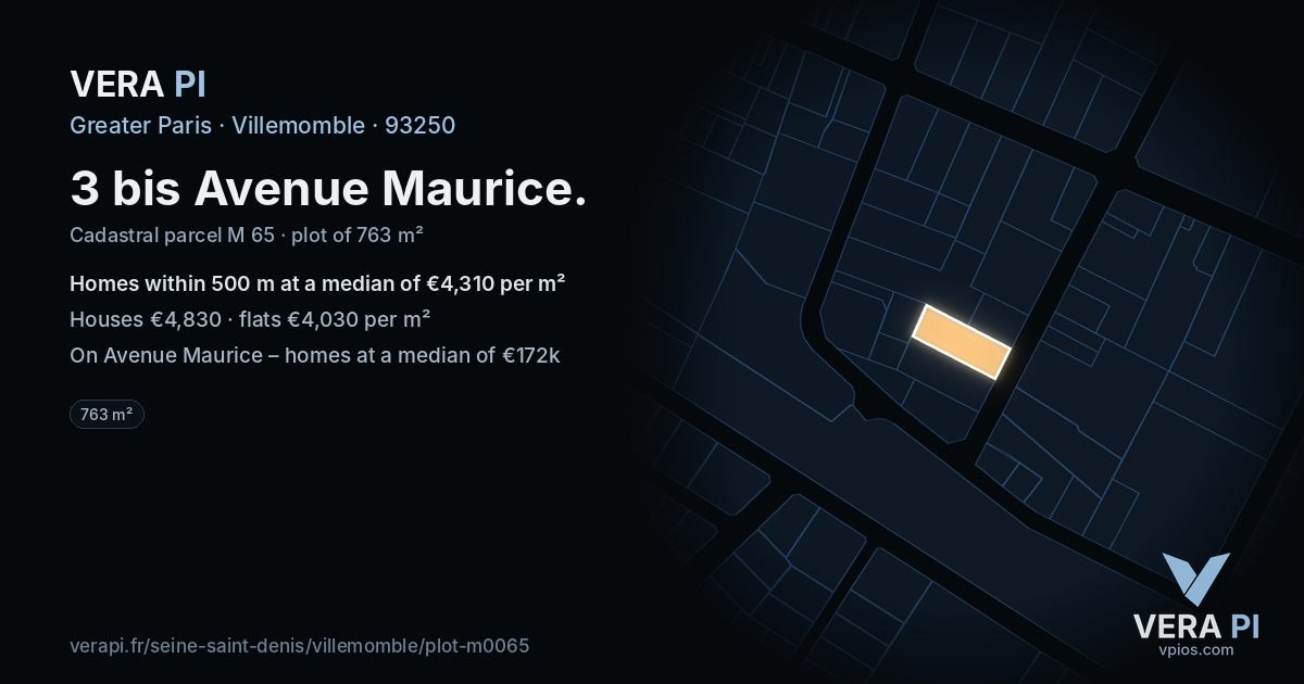 3 bis Avenue Maurice, Villemomble at night – the plot lit, the parcels around coloured by the prices near them