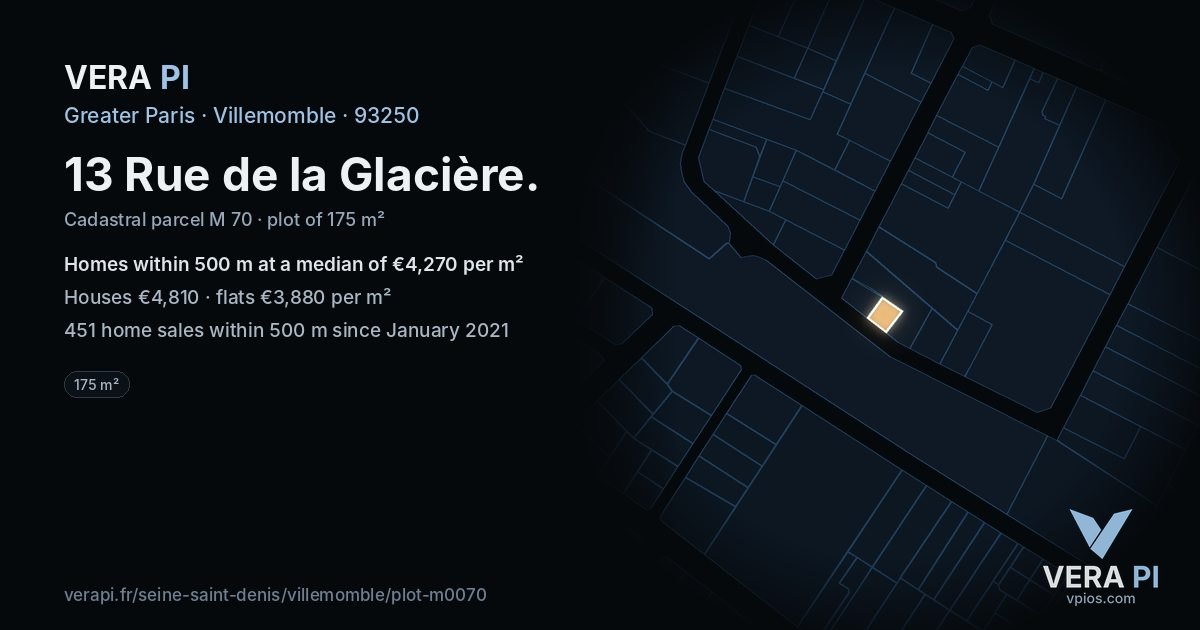 13 Rue de la Glacière, Villemomble at night – the plot lit, the parcels around coloured by the prices near them