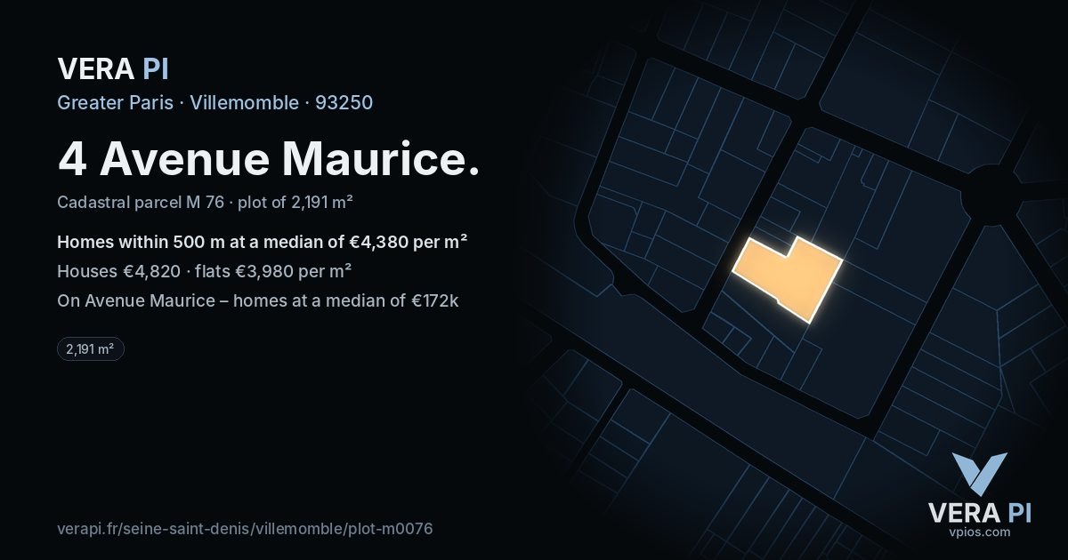 4 Avenue Maurice, Villemomble at night – the plot lit, the parcels around coloured by the prices near them