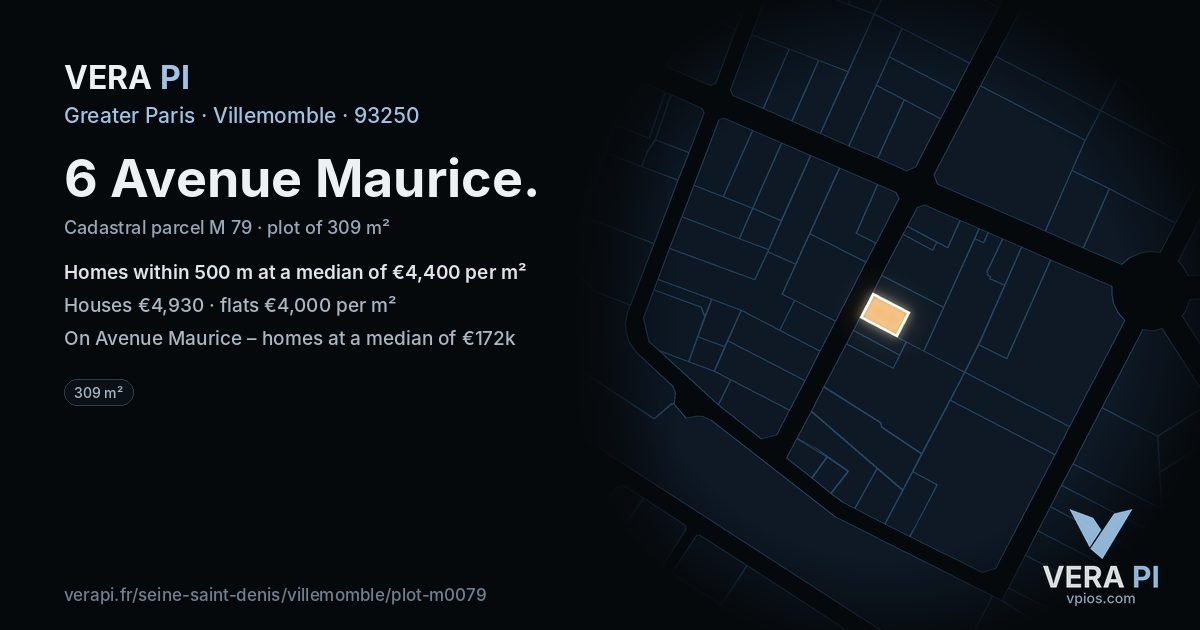 6 Avenue Maurice, Villemomble at night – the plot lit, the parcels around coloured by the prices near them