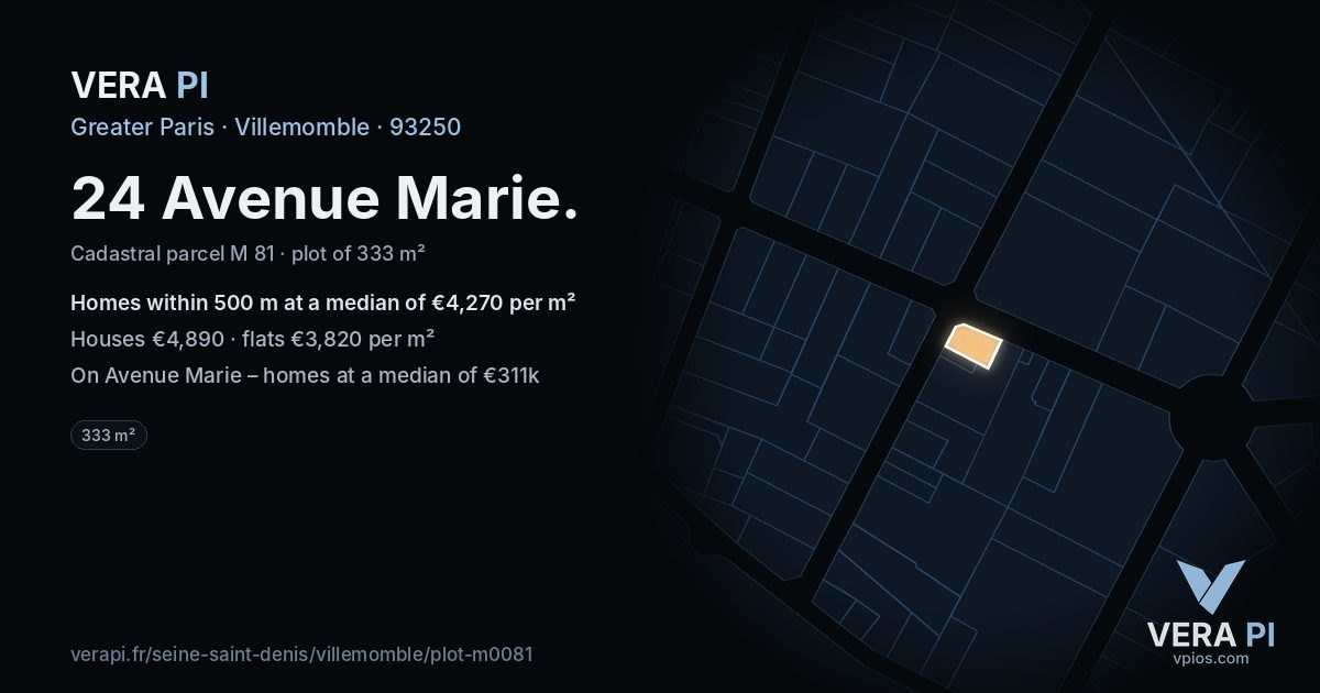 24 Avenue Marie, Villemomble at night – the plot lit, the parcels around coloured by the prices near them