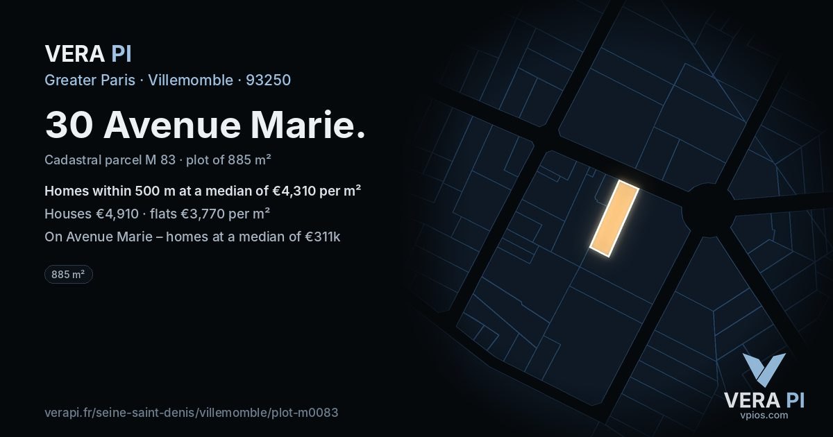 30 Avenue Marie, Villemomble at night – the plot lit, the parcels around coloured by the prices near them