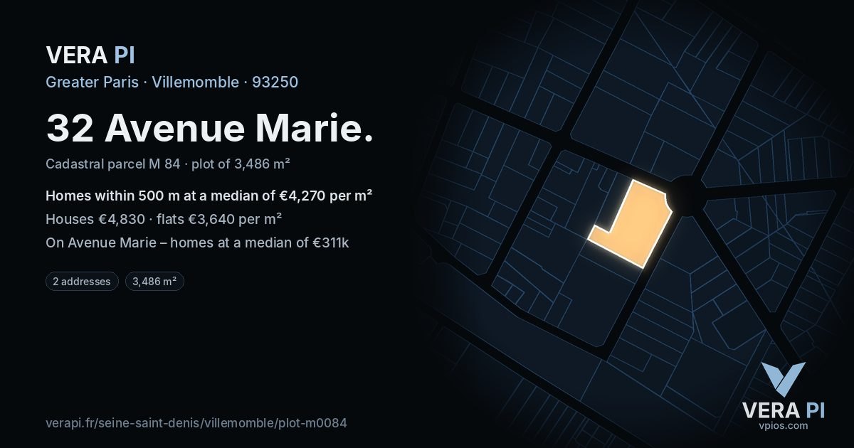 32 Avenue Marie, Villemomble at night – the plot lit, the parcels around coloured by the prices near them