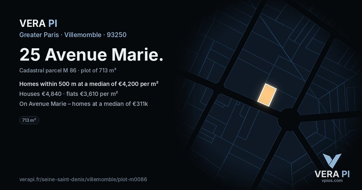 25 Avenue Marie, Villemomble at night – the plot lit, the parcels around coloured by the prices near them