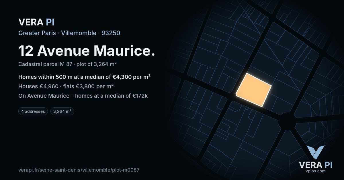 12 Avenue Maurice, Villemomble at night – the plot lit, the parcels around coloured by the prices near them