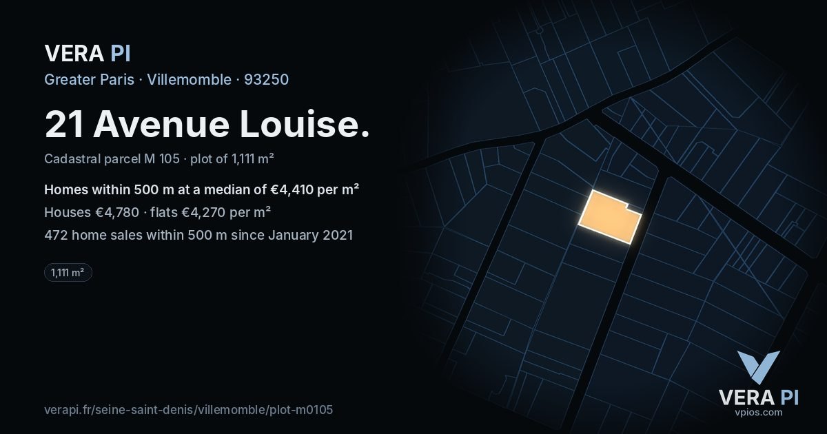 21 Avenue Louise, Villemomble at night – the plot lit, the parcels around coloured by the prices near them