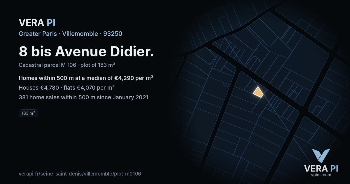 8 bis Avenue Didier, Villemomble at night – the plot lit, the parcels around coloured by the prices near them