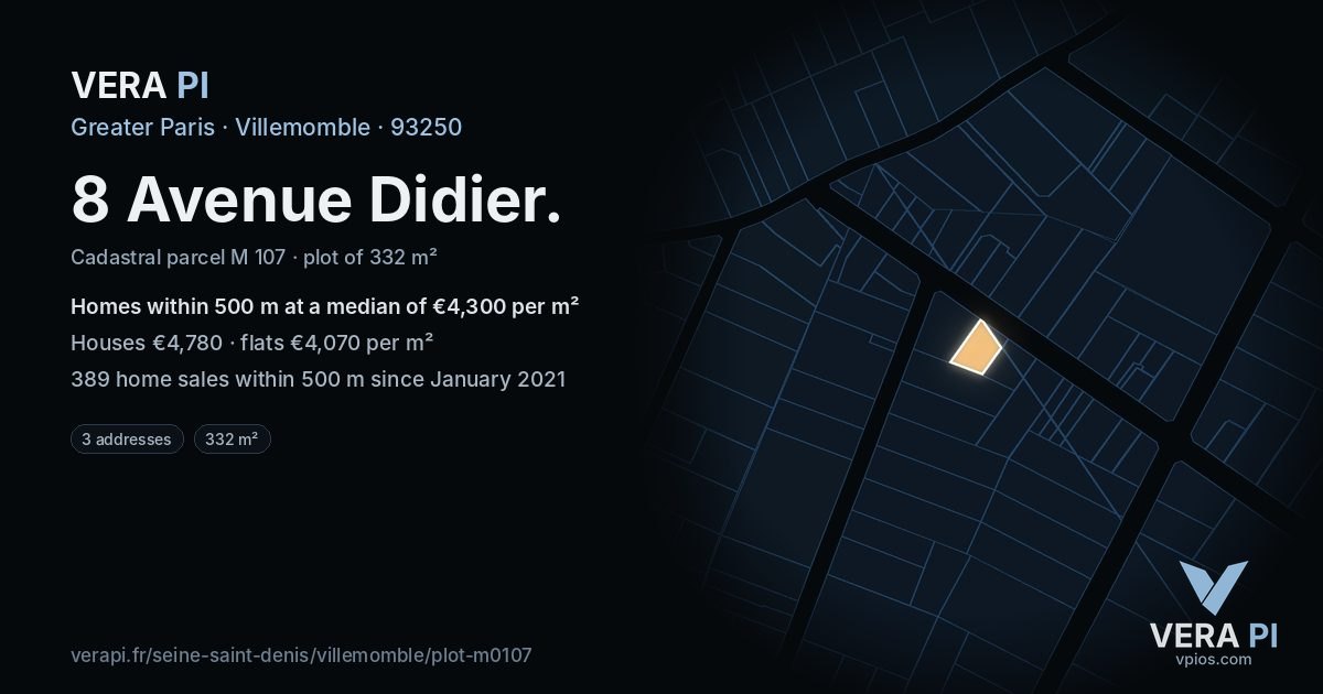 8 Avenue Didier, Villemomble at night – the plot lit, the parcels around coloured by the prices near them