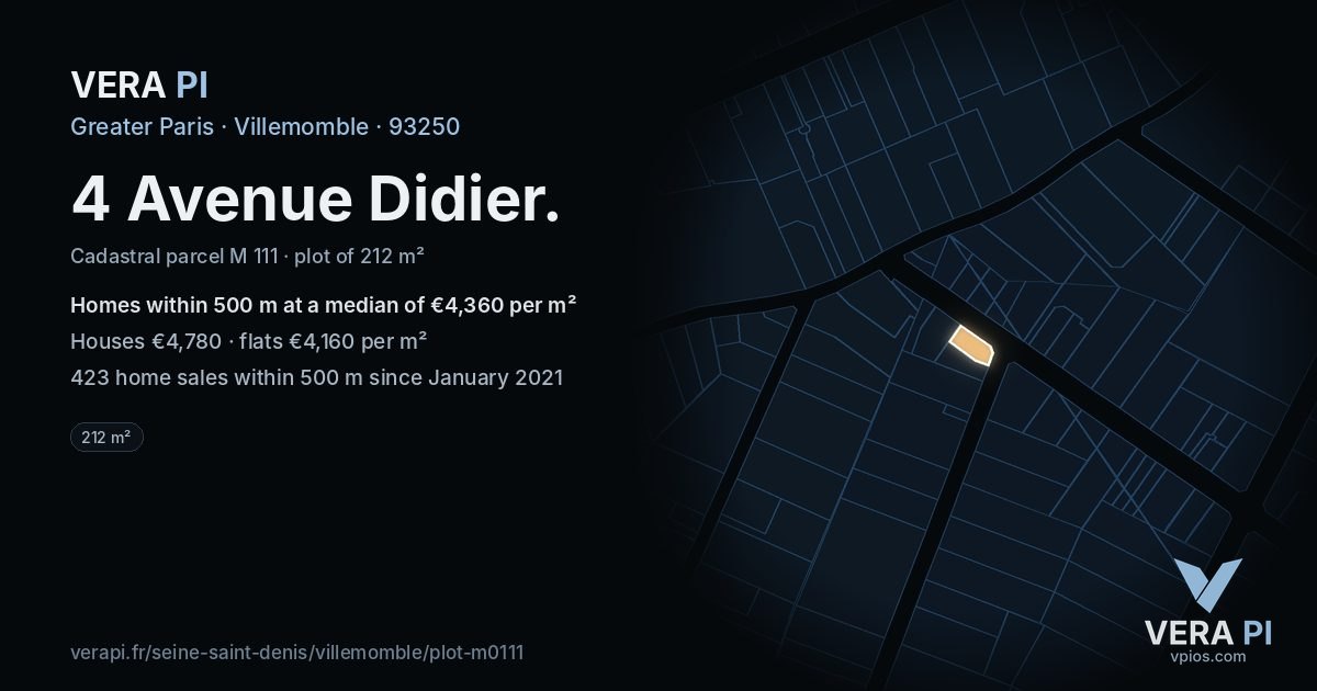 4 Avenue Didier, Villemomble at night – the plot lit, the parcels around coloured by the prices near them
