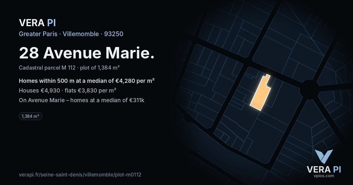 28 Avenue Marie, Villemomble at night – the plot lit, the parcels around coloured by the prices near them