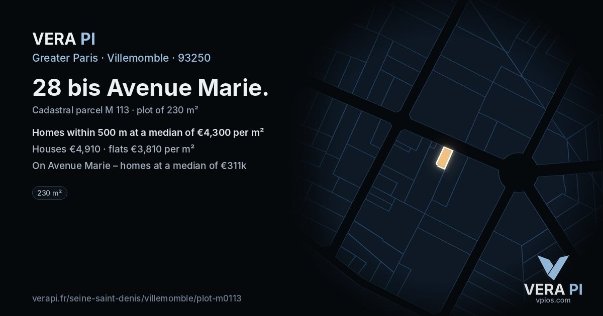 28 bis Avenue Marie, Villemomble at night – the plot lit, the parcels around coloured by the prices near them