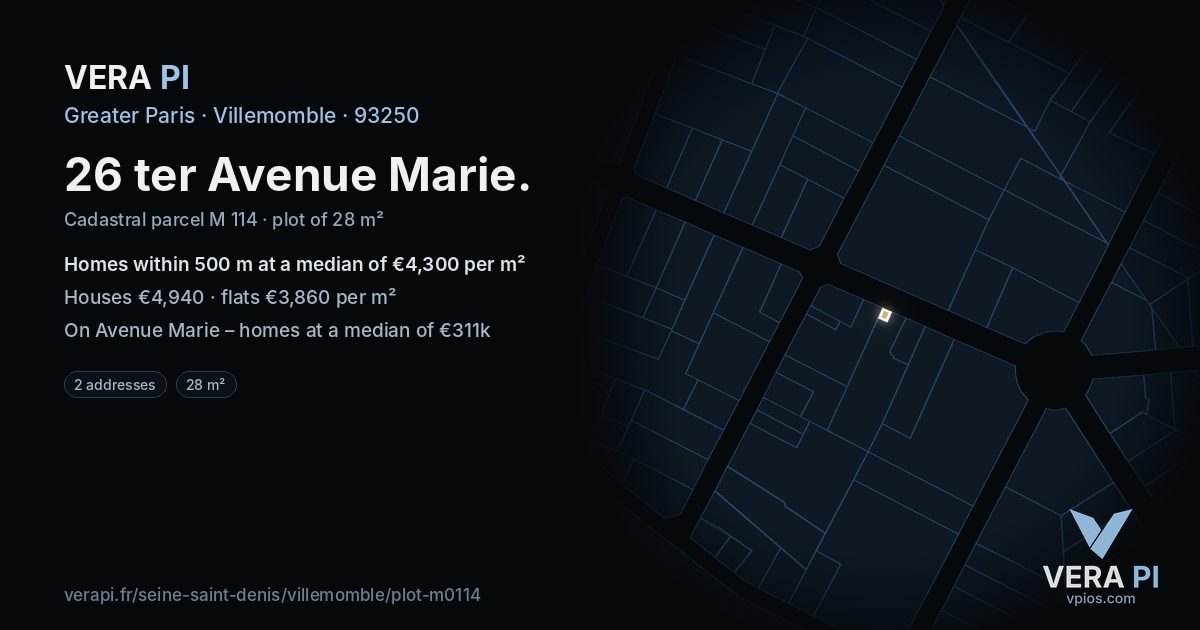 26 ter Avenue Marie, Villemomble at night – the plot lit, the parcels around coloured by the prices near them
