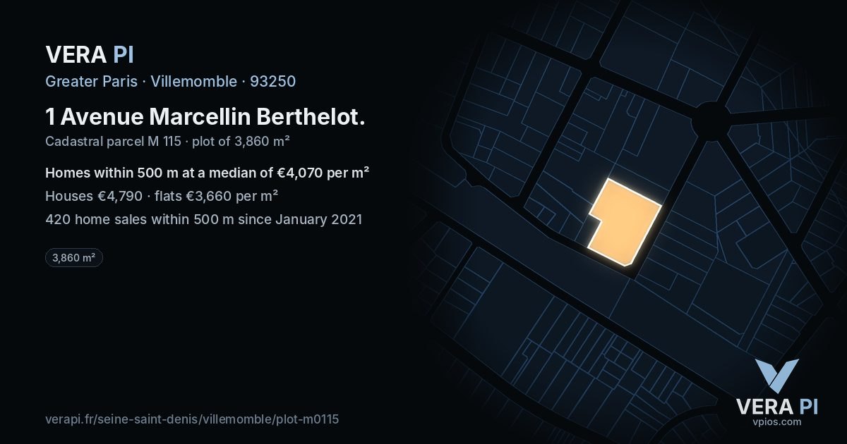 1 Avenue Marcellin Berthelot, Villemomble at night – the plot lit, the parcels around coloured by the prices near them
