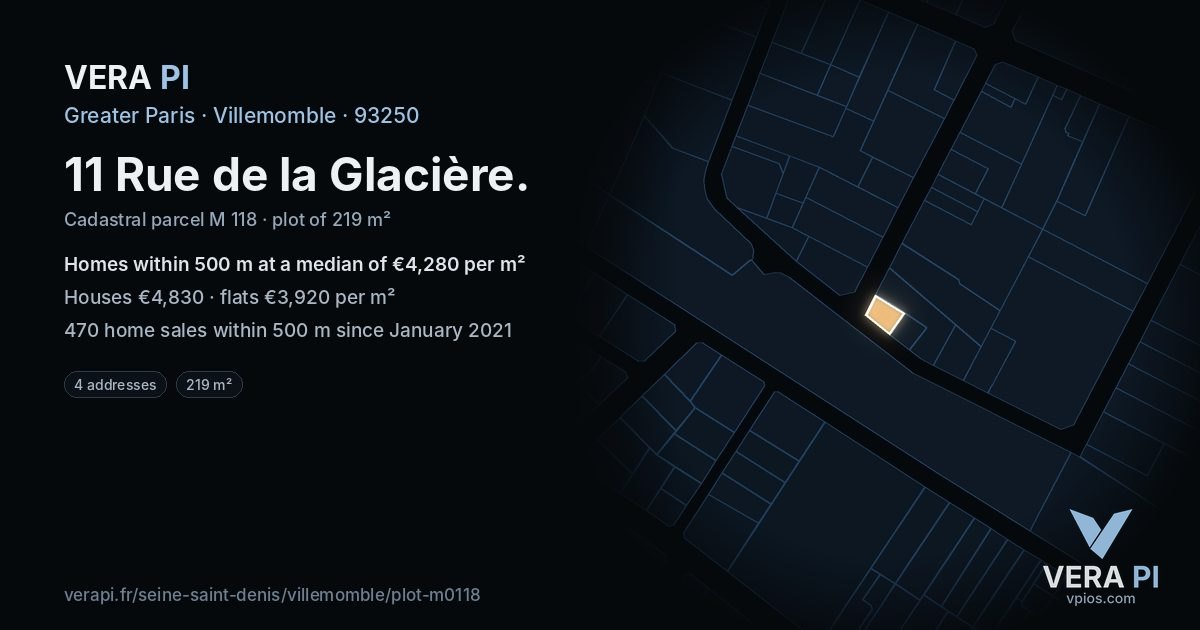 11 Rue de la Glacière, Villemomble at night – the plot lit, the parcels around coloured by the prices near them