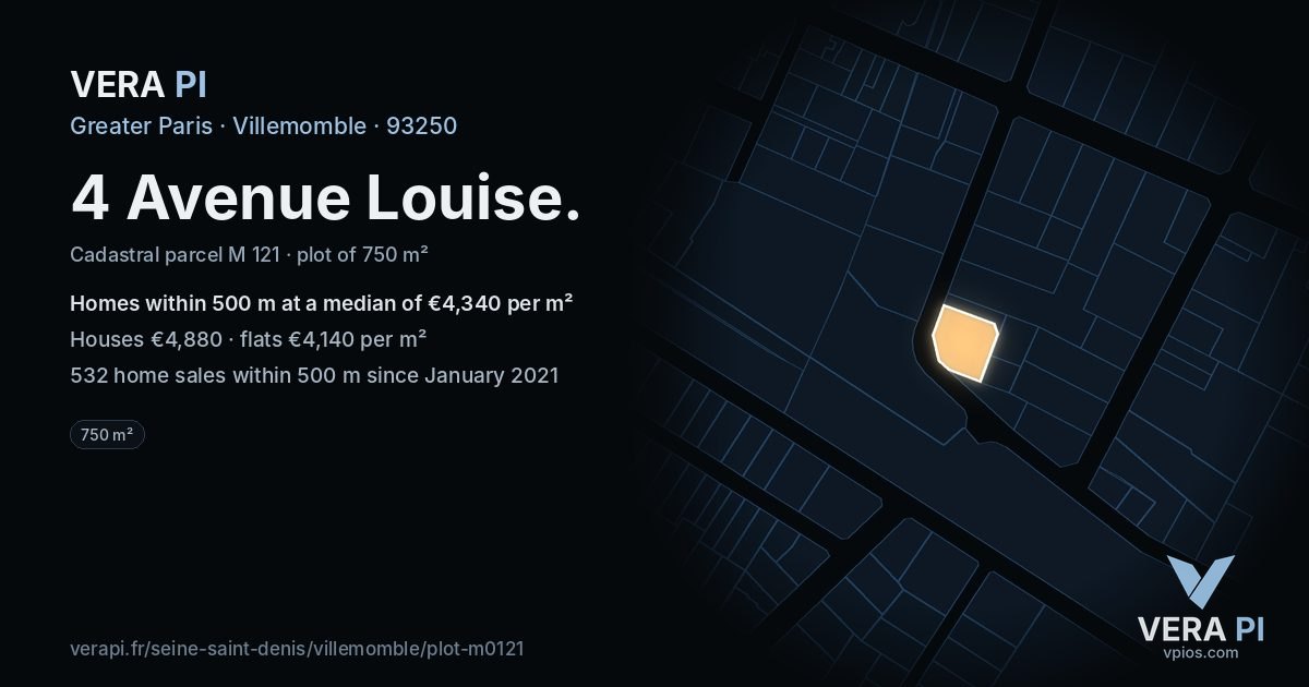 4 Avenue Louise, Villemomble at night – the plot lit, the parcels around coloured by the prices near them