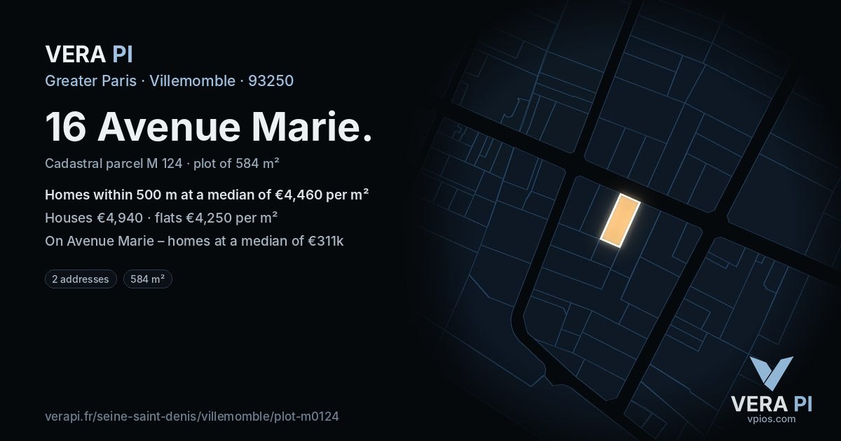 16 Avenue Marie, Villemomble at night – the plot lit, the parcels around coloured by the prices near them