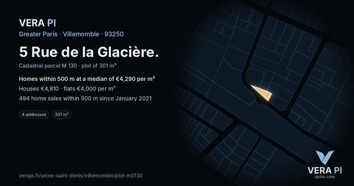 5 Rue de la Glacière, Villemomble at night – the plot lit, the parcels around coloured by the prices near them