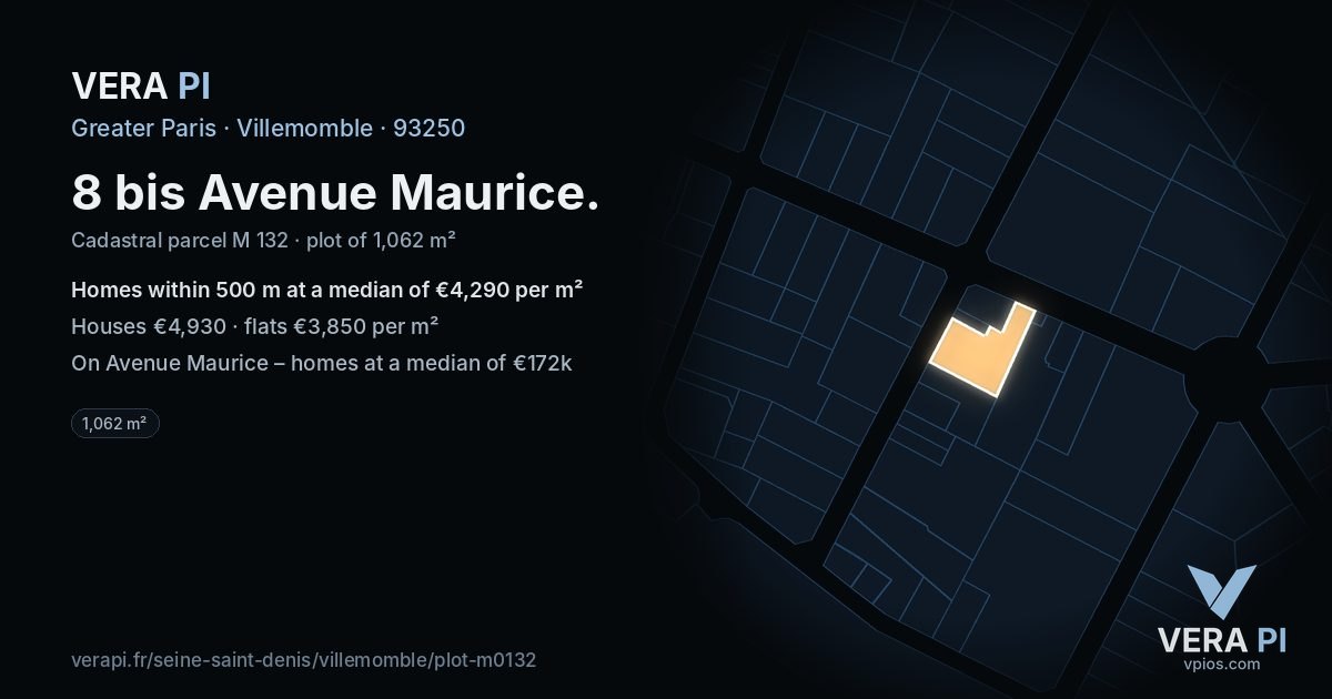 8 bis Avenue Maurice, Villemomble at night – the plot lit, the parcels around coloured by the prices near them