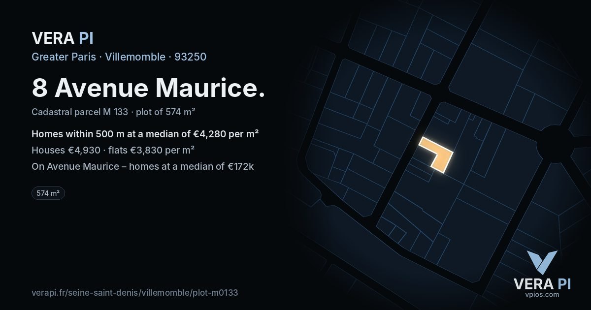 8 Avenue Maurice, Villemomble at night – the plot lit, the parcels around coloured by the prices near them