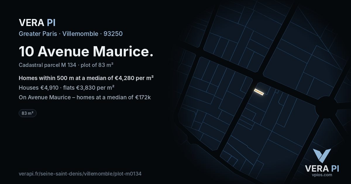 10 Avenue Maurice, Villemomble at night – the plot lit, the parcels around coloured by the prices near them