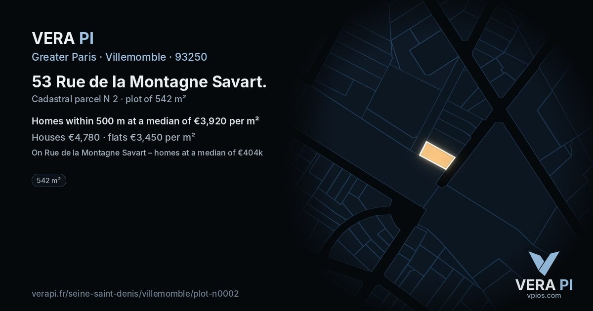 53 Rue de la Montagne Savart, Villemomble at night – the plot lit, the parcels around coloured by the prices near them