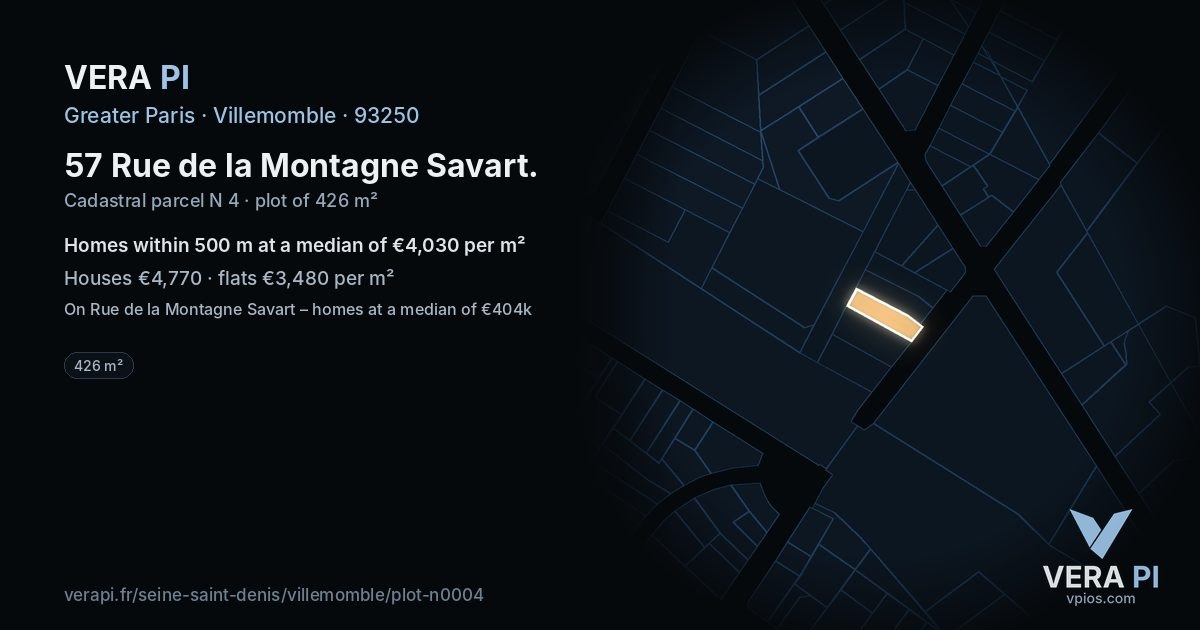 57 Rue de la Montagne Savart, Villemomble at night – the plot lit, the parcels around coloured by the prices near them