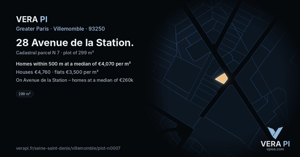 28 Avenue de la Station, Villemomble at night – the plot lit, the parcels around coloured by the prices near them