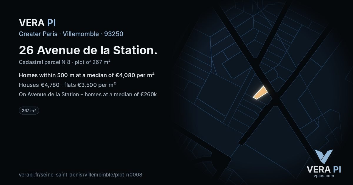 26 Avenue de la Station, Villemomble at night – the plot lit, the parcels around coloured by the prices near them