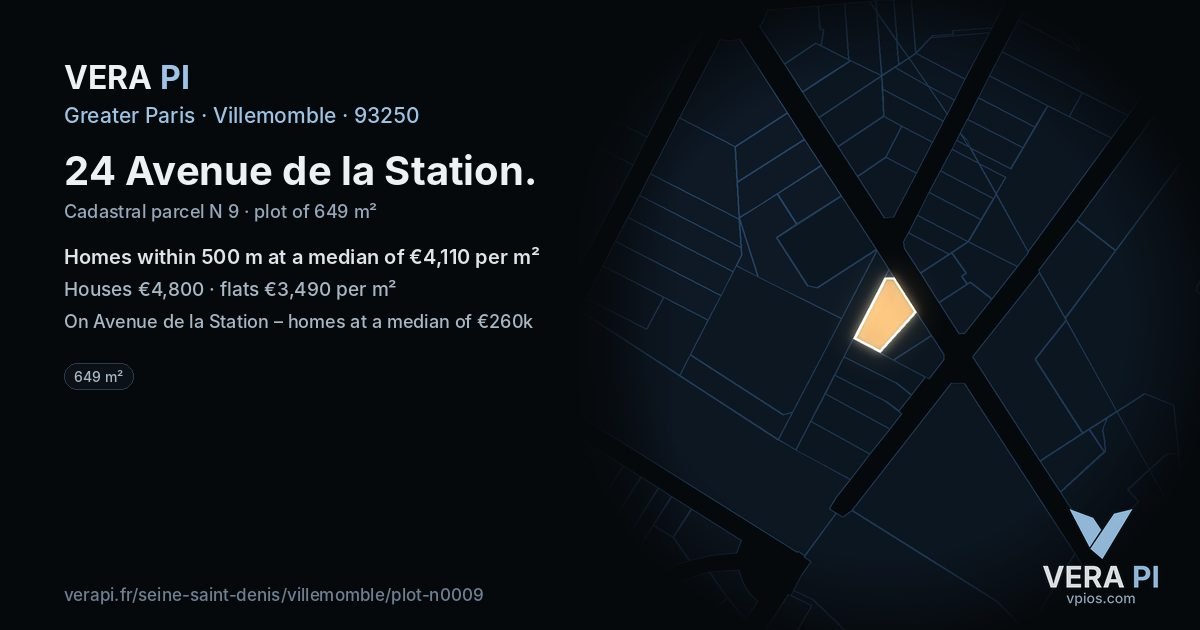 24 Avenue de la Station, Villemomble at night – the plot lit, the parcels around coloured by the prices near them