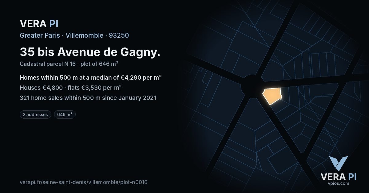 35 bis Avenue de Gagny, Villemomble at night – the plot lit, the parcels around coloured by the prices near them