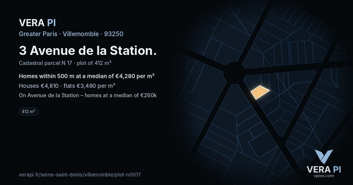 3 Avenue de la Station, Villemomble at night – the plot lit, the parcels around coloured by the prices near them