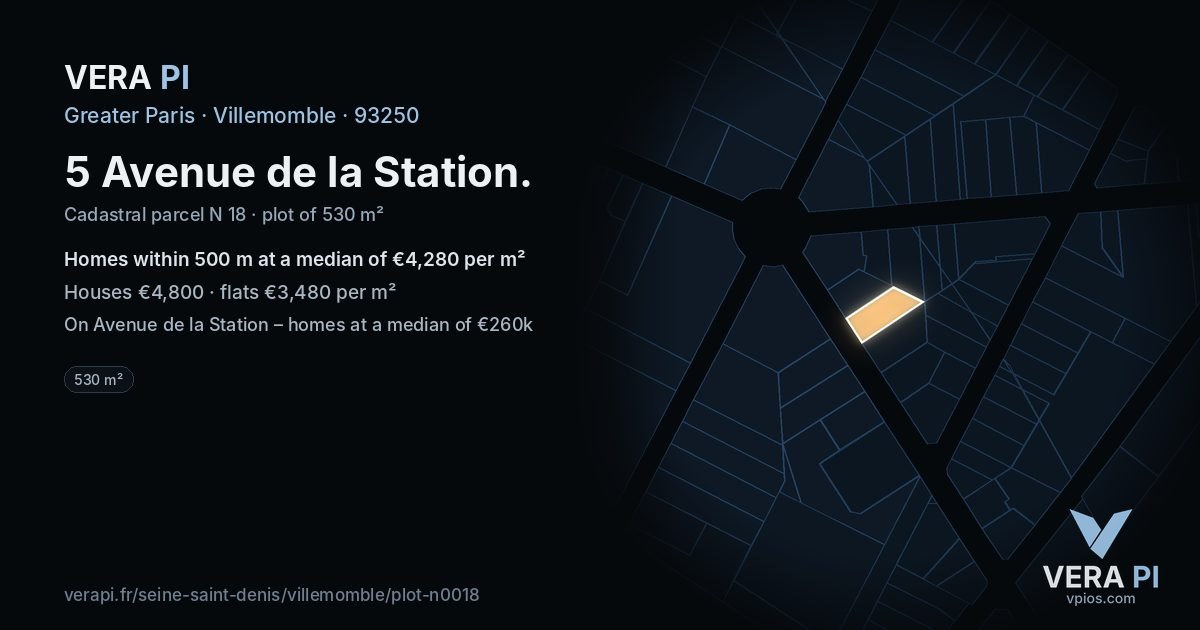 5 Avenue de la Station, Villemomble at night – the plot lit, the parcels around coloured by the prices near them