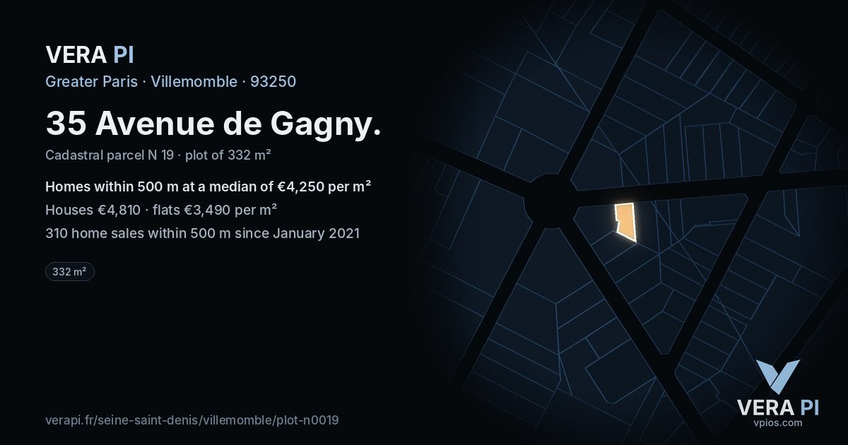 35 Avenue de Gagny, Villemomble at night – the plot lit, the parcels around coloured by the prices near them