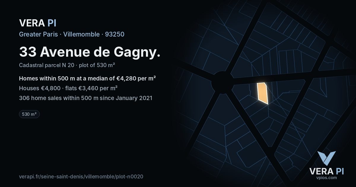 33 Avenue de Gagny, Villemomble at night – the plot lit, the parcels around coloured by the prices near them