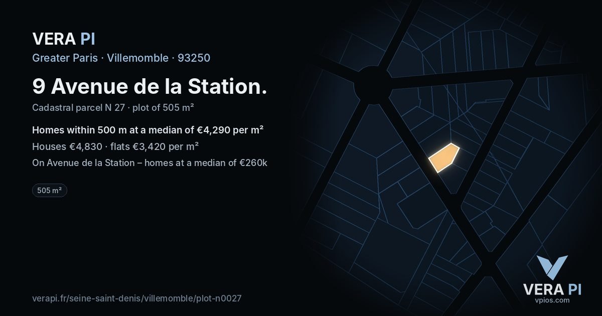 9 Avenue de la Station, Villemomble at night – the plot lit, the parcels around coloured by the prices near them