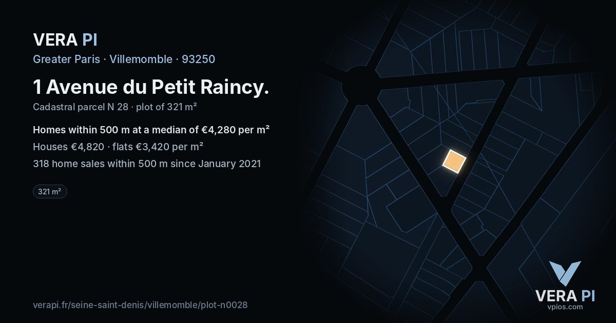 1 Avenue du Petit Raincy, Villemomble at night – the plot lit, the parcels around coloured by the prices near them